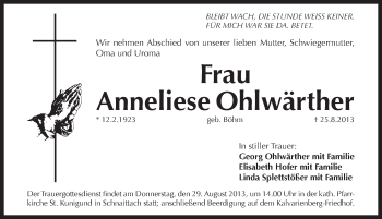 Traueranzeige von Anneliese Ohlwärther von Pegnitz-Zeitung